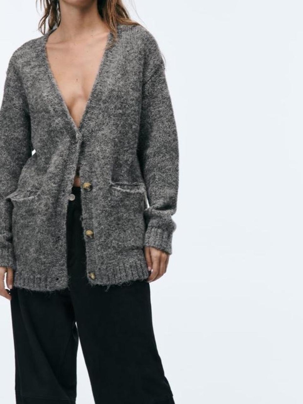 Zara Oversized Gray Fuzzy Knit Long Cardigan Sweater Button Front Pockets
